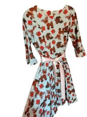 Cute Reindeer Print Christmas Skater Dress in Light Blue with White Sash